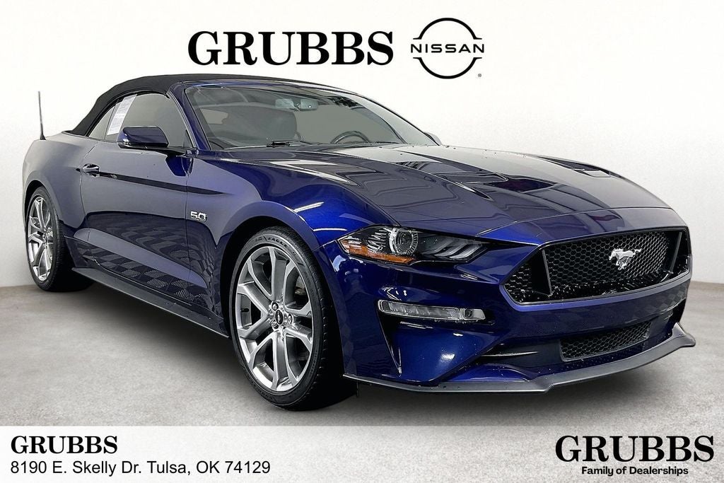 2019 Ford Mustang GT Premium in Kona Blue Metallic — front three-quarter view