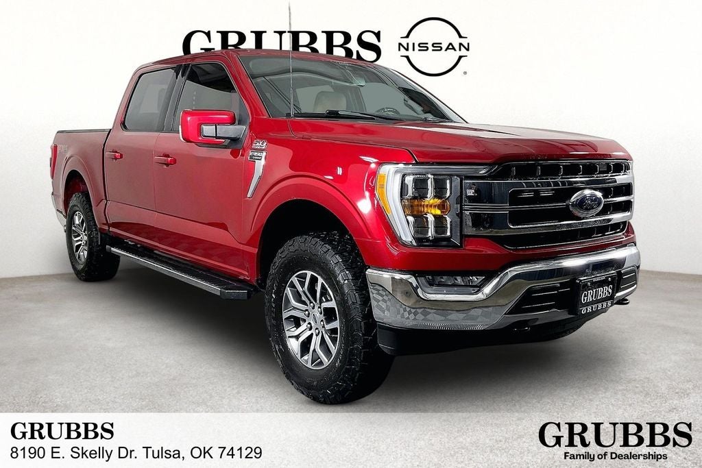 2021 Ford F-150 Lariat in Red Metallic — front three-quarter view