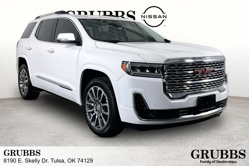 2023 GMC Acadia Denali in Summit White — front three-quarter view