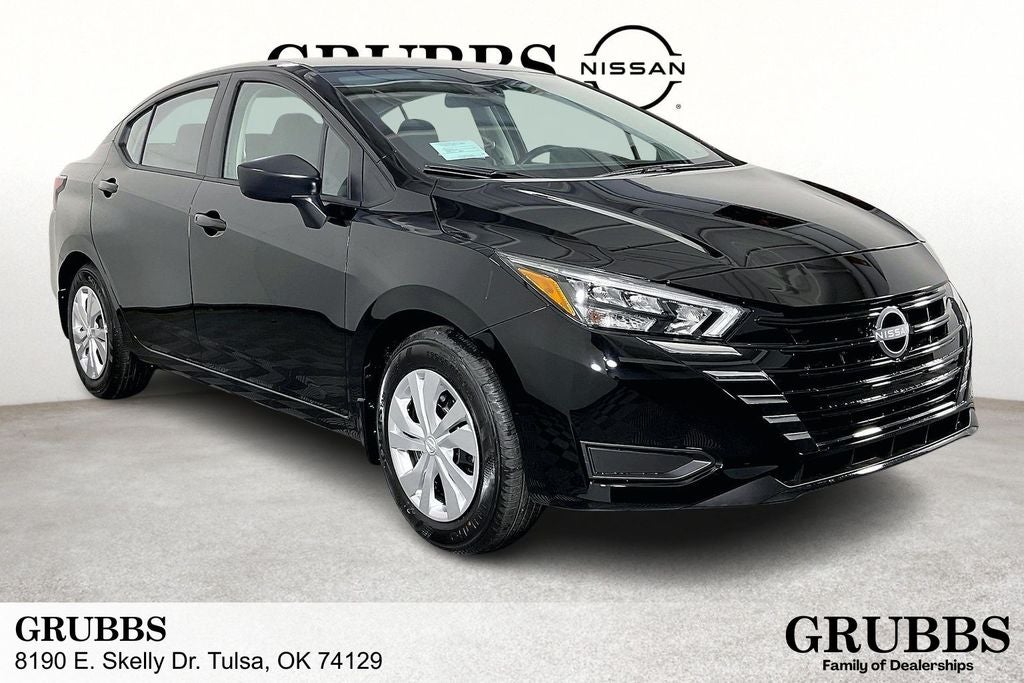 2025 Nissan Versa S in Super Black Metallic — front three-quarter view