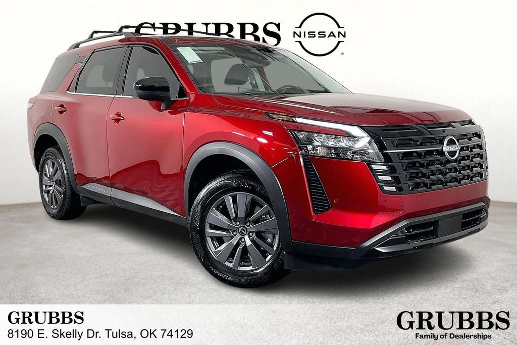 2026 Nissan Pathfinder SV in Scarlet Ember Tintcoat/Super Black — front three-quarter view