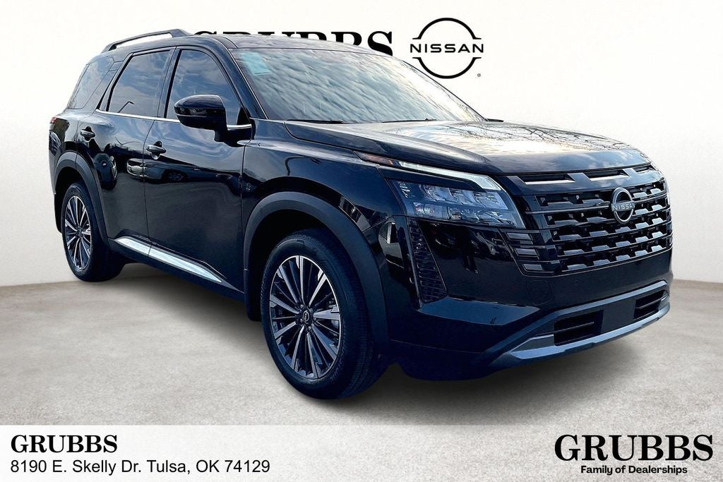 2026 Nissan Pathfinder Platinum in Super Black — front three-quarter view