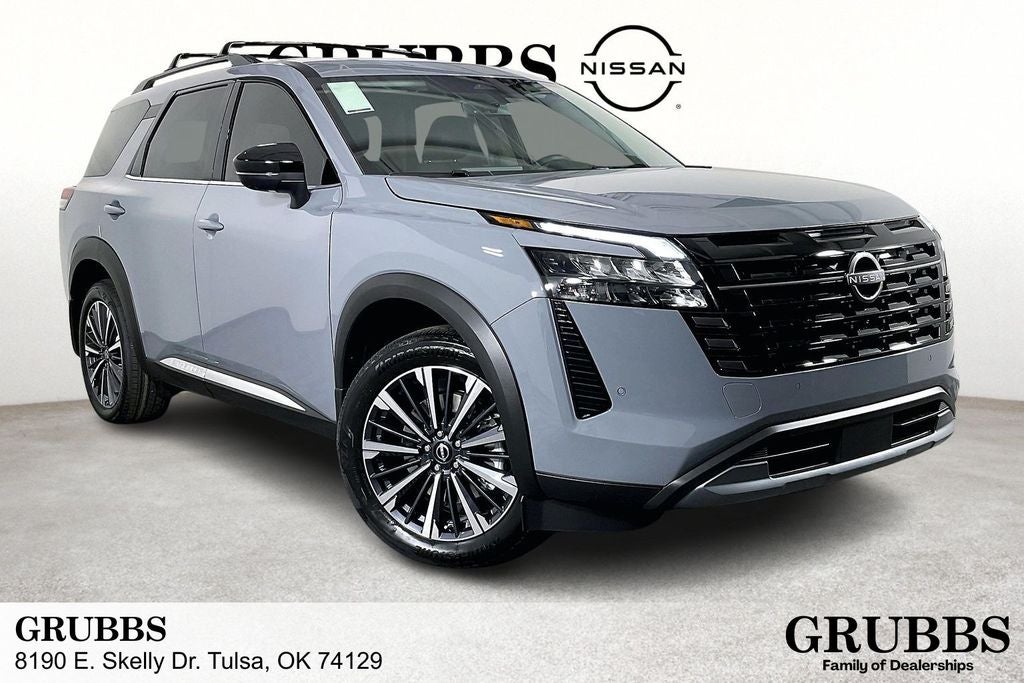 2026 Nissan Pathfinder Platinum in Boulder Gray Pearl — front three-quarter view