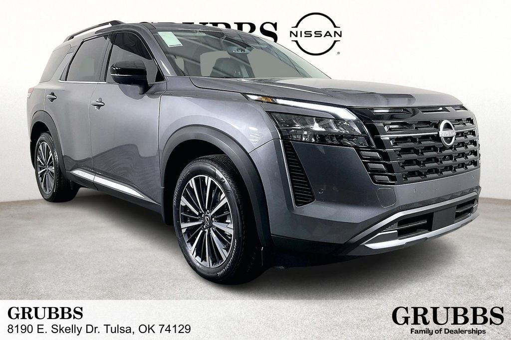 2026 Nissan Pathfinder Platinum in Gun Metallic — front three-quarter view