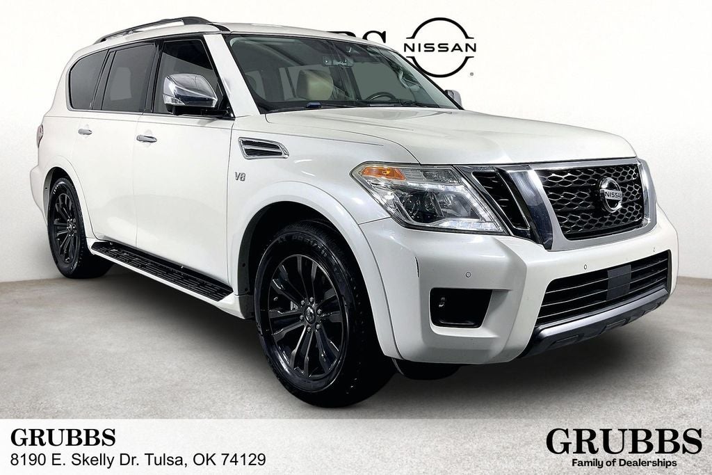 2019 Nissan Armada Platinum in Pearl White Tricoat — front three-quarter view