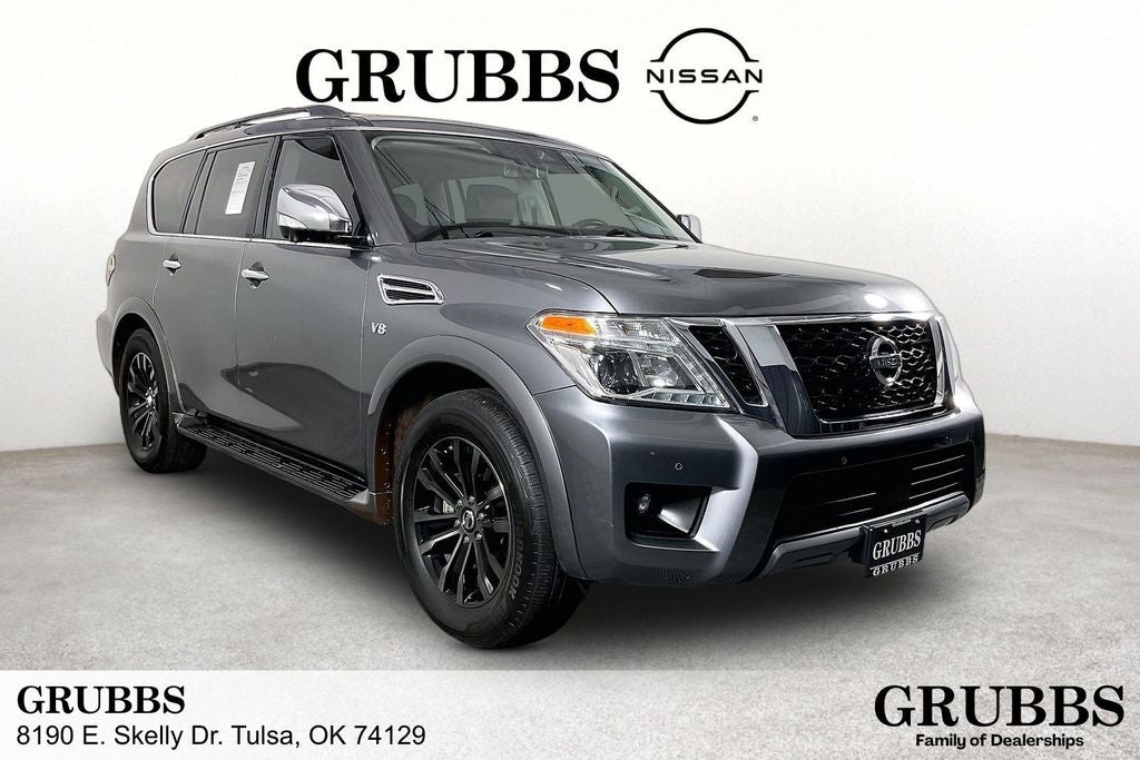 2019 Nissan Armada Platinum in Gun Metallic — front three-quarter view