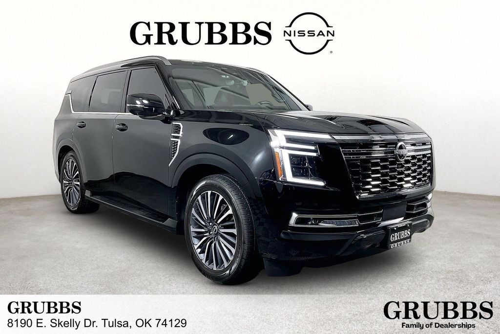 2025 Nissan Armada Platinum Reserve in Super Black — front three-quarter view